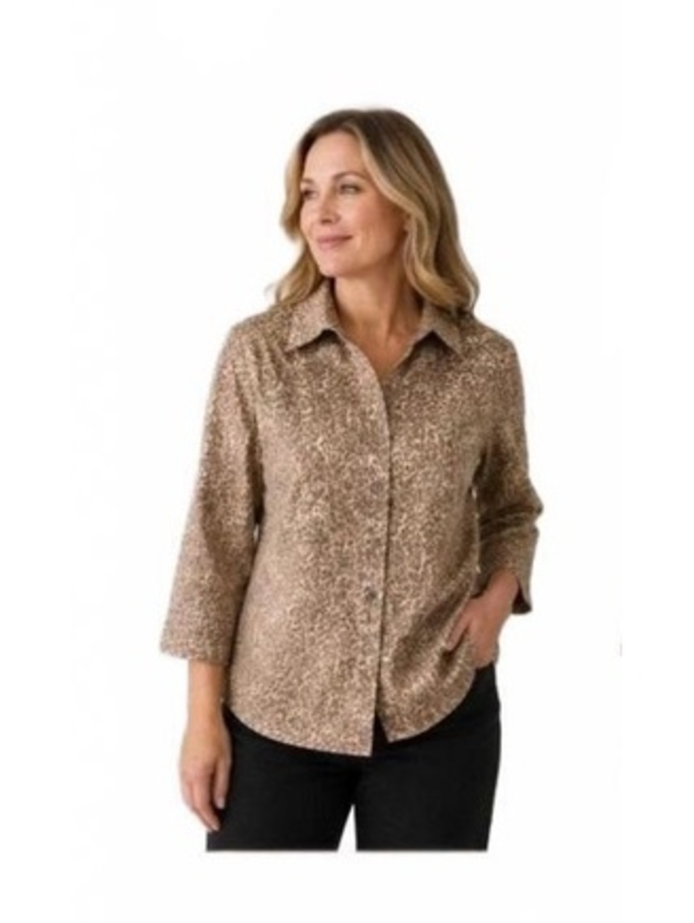 Talbots Size 6 Brown Leopard Print Button-Up Shirt with 3/4 Sleeves
